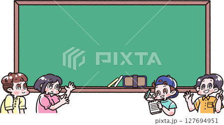 シンプルな黒板と黒板の前で話す子どもたちのイラスト シンプルな黒板と黒板の前で話す子どもたちのイラスト 127694951