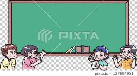 シンプルな黒板と黒板の前で話す子どもたちのイラスト シンプルな黒板と黒板の前で話す子どもたちのイラスト 127694951