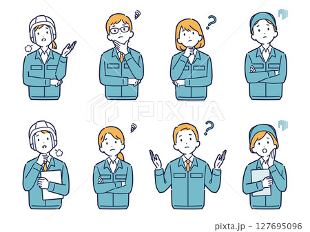 考えたり悩んだりする作業着姿の男女のイラストセット＿上半身 127695096