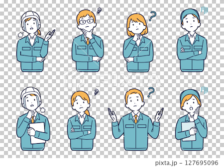 考えたり悩んだりする作業着姿の男女のイラストセット＿上半身 127695096