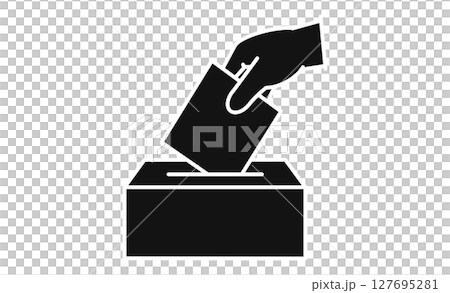 Illustrated icon of a hand putting a vote in a ballot box 127695281