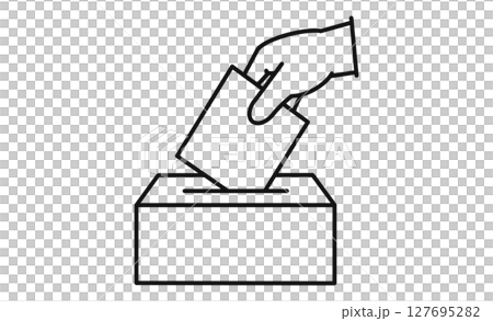 Illustrated icon of a hand putting a vote in a ballot box 127695282