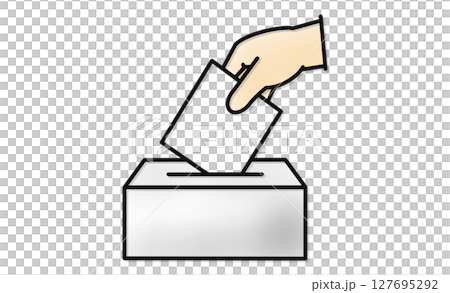 Illustrated icon of a hand putting a vote in a ballot box 127695292