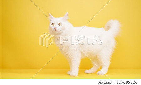 White turkish angora cat standing on yellow background 127695526