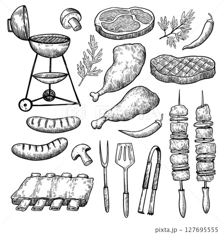 Big set of autumn leaves, tree seeds, acorns and chestnuts. Monochrome hand-drawn vector illustration. 127695555