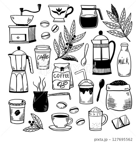 Coffee big black and white doodle set. Cute simple hand-drawn vector illustrations of coffee plants, cups and jugs. 127695562