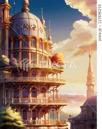 ゲーム背景　スチームパンク世界の夕日の音楽ホールがある風景 127696259