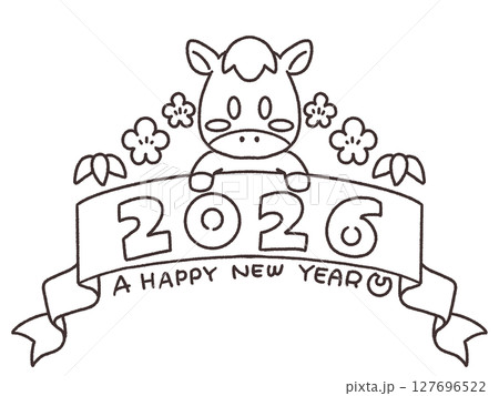 2026年午年年賀状素材手描き馬モノクロのあけおめ素材 127696522