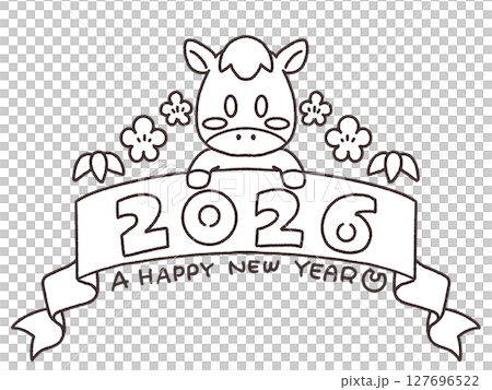 2026年午年年賀状素材手描き馬モノクロのあけおめ素材 127696522