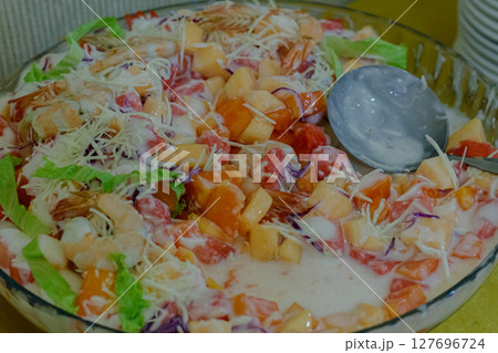 Creamy Shrimp and Fruit Salad with Cheese and Fresh Vegetables Creamy Shrimp and Fruit Salad with Cheese and Fresh Vegetables 127696724