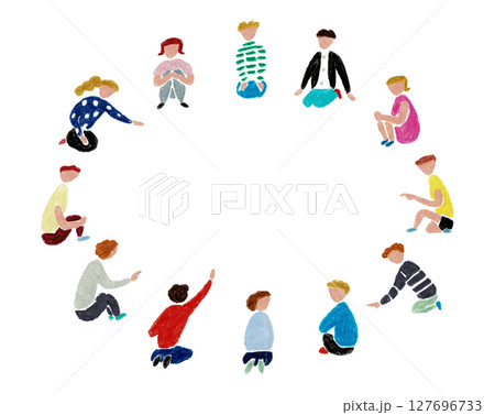 手描きイラスト　こども会議　輪になって話し合う子供たち 127696733