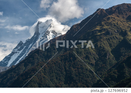 Mt.Machapuchare or Mt.fish tail (6,993 m) the holy mountain in Annapurna region in Nepal. This mountain situated in the Annapurna massif, Its highest peak has never been officially climbed. Mt.Machapuchare or Mt.fish tail (6,993 m) the holy mountain in Annapurna region in Nepal. This mountain situated in the Annapurna massif, Its highest peak has never been officially climbed. 127696952