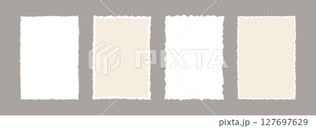 Torn paper frame backgrounds. Beige and white blank sheet wallpapers with jagged edges. Ripped grunge element bundle for poster, text box, banner, collage, sticker. Vector rectangle craft backdrops 127697629