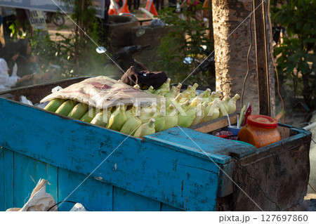 Boiled Corn Ready to Serve- Traditional Snack on a Mobile Cart 127697860