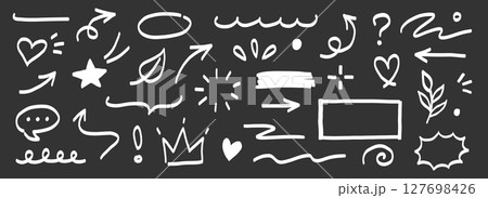 Hand marker line icon brush set. Chalk underline, arrow, frame and stroke in white on black chalkboard background. Bold modern sketch elements for business infographic or web design. Vector 127698426