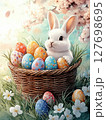 Illustration of basket with eggs and and Easter bunny in the blooming garden. 127698695