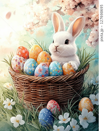 Illustration of basket with eggs and and Easter bunny in the blooming garden. 127698695