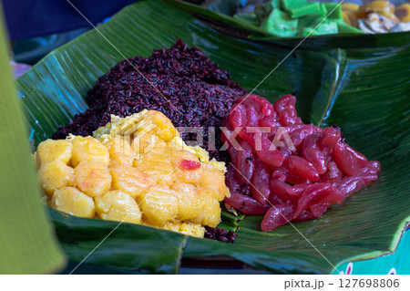 Assortment of Traditional Indonesian Snacks on Banana Leaf Assortment of Traditional Indonesian Snacks on Banana Leaf 127698806