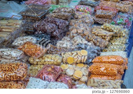 Assorted Indonesian Traditional Snacks and Crackers for Sale 127698860
