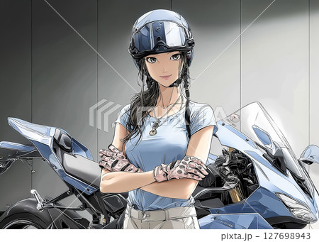 女性ライダーのアップのイラスト素材 腕組みのイラスト素材 [127698943