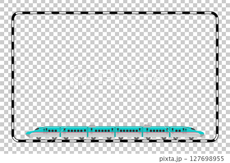 A horizontal railroad frame with a toy-style E5 series Shinkansen train attached 127698955