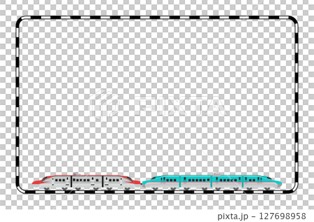 A horizontal railroad frame with toy-style E6 and E5 series Shinkansen trains 127698958