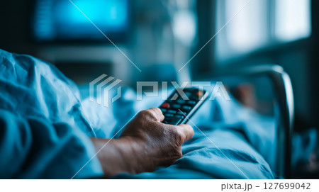 入院のコンセプト、テレビのリモコンを持つ孤独な患者の手 入院のコンセプト、テレビのリモコンを持つ孤独な患者の手 127699042
