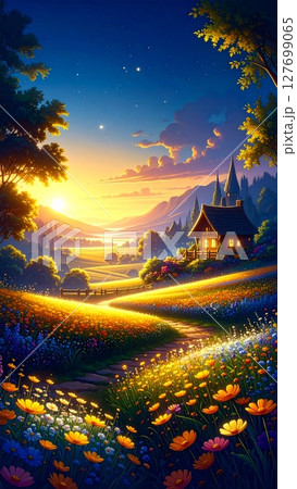 朝の光に包まれた金色の草原にひっそりと佇む暮らし 127699065