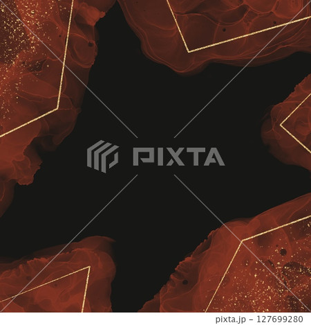 星型テキストスペースがある黒背景正方形バナー。オレンジのアルコールインクアートと金色グリッター 星型テキストスペースがある黒背景正方形バナー。オレンジのアルコールインクアートと金色グリッター 127699280