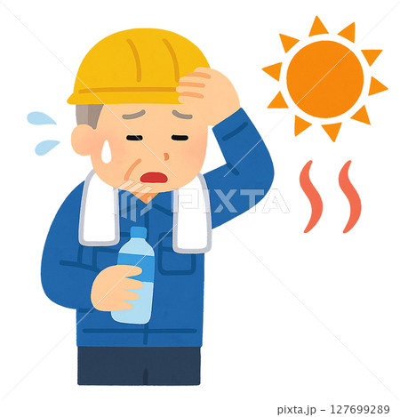 真夏の建設現場で熱中症気味の作業員のイラスト（暑さ対策・啓発） 127699289