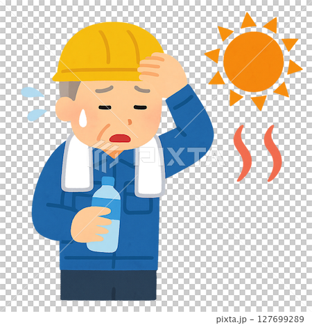 真夏の建設現場で熱中症気味の作業員のイラスト（暑さ対策・啓発） 127699289