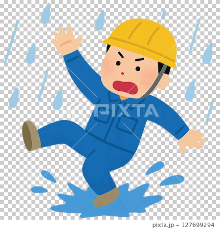 工人在下雨天即將滑倒的場景插圖（平面設計） 127699294
