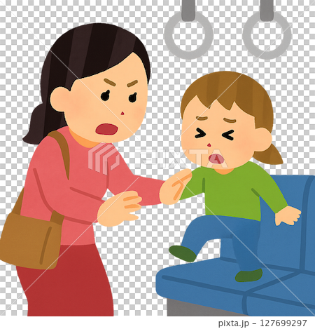 圖解（平面設計）：一個孩子穿著鞋子在火車上坐下，他的母親攔住了他 127699297