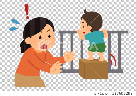 ベランダで子どもが柵に登ろうとして母親が慌てるシーンのイラスト（フラットデザイン） 127699298