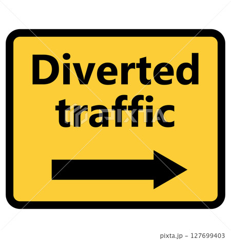 Typical diverted traffic black and yellow road highway sign over on white background. Traffic signs and symbols. Diverted traffic sign. flat style. Typical diverted traffic black and yellow road highway sign over on white background. Traffic signs and symbols. Diverted traffic sign. flat style. 127699403