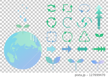 Illustration set of a globe with young leaves and arrows for ecology images 127699470