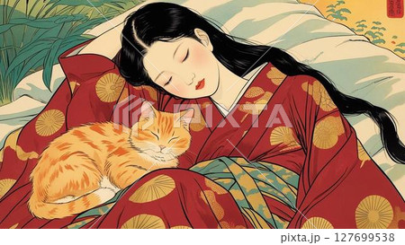 着物姿の美しい女性が猫と日向ぼっこ 着物姿の美しい女性が猫と日向ぼっこ 127699538