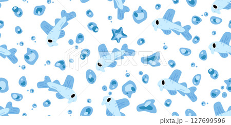Seamless Cartoon Blue Fish Pattern Seamless Cartoon Blue Fish Pattern 127699596