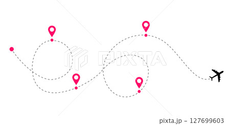 Plane route line collection with dashed and dotted flight paths showing aircraft tracking patterns and global travel connections for aviation design and air traffic navigation concepts 127699603