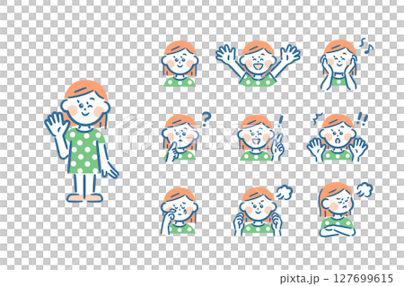 Asian girl - full body + 9 facial expressions 127699615