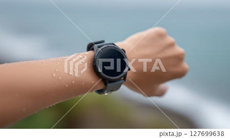 Smart fitness tracker on athlete's wrist during outdoor workout session 127699638