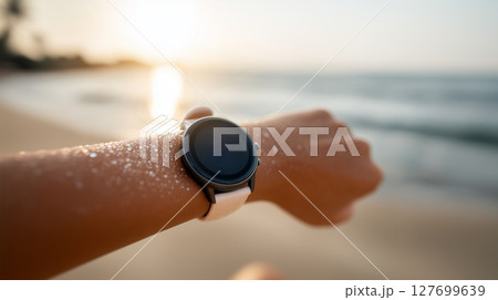 Beach fitness tracking with smartwatch monitoring workout performance during sunset 127699639