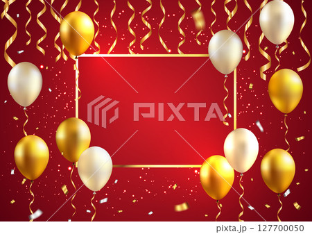 金色の風船と紙吹雪のフレームが付いたエレガントな赤いパーティーの背景 127700050