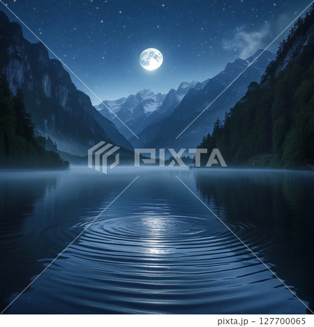 湖に反射する満月 127700065