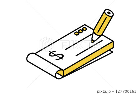 小切手帳にサインするシンプルな線画アイコン（アイソメトリックイラスト） 127700163