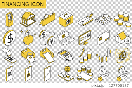 Simple line drawing isometric illustration of a set of 28 financial icons Simple line drawing isometric illustration of a set of 28 financial icons 127700187