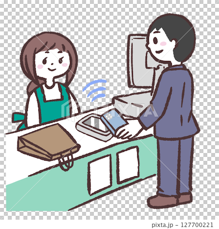 Illustration of a person making a touch payment 127700221