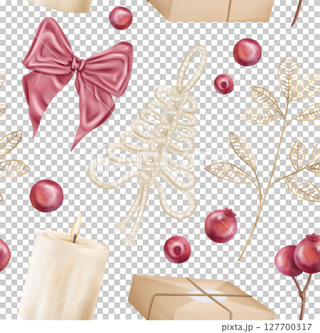 Seamless Christmas pattern, natural organic decorations. Gift box, bow, braided ornaments, candle, cranberry berries. Sustainable Christmas celebration, recyclable materials. Hand drawn background Seamless Christmas pattern, natural organic decorations. Gift box, bow, braided ornaments, candle, cranberry berries. Sustainable Christmas celebration, recyclable materials. Hand drawn background 127700317