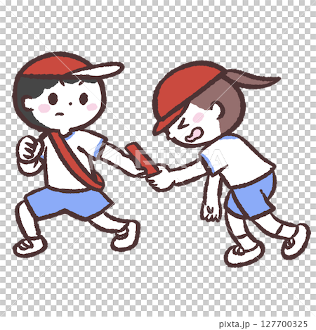 Illustration of Kids in Gym Clothes Passing the Baton 127700325