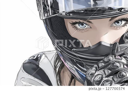 女性ライダーのアップのイラスト素材　白バック 127700374